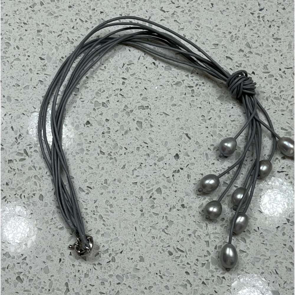 Vintage Necklace Sterling Silver Eight Strand leather & Bead Grey Necklace